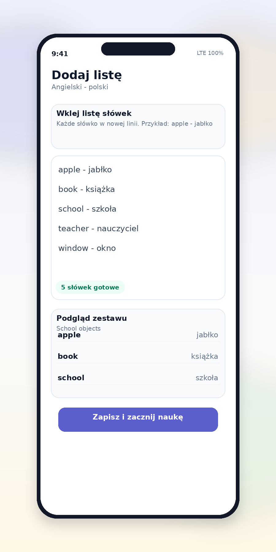 Ekran list słówek w aplikacji Szybka Nauka Słówek