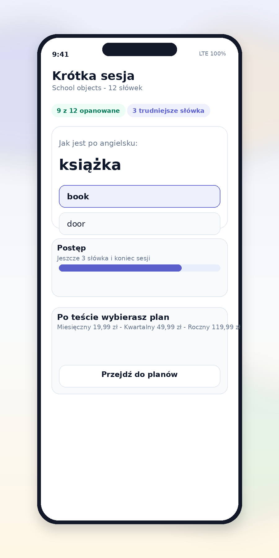 Ekran quizu w aplikacji Szybka Nauka Słówek