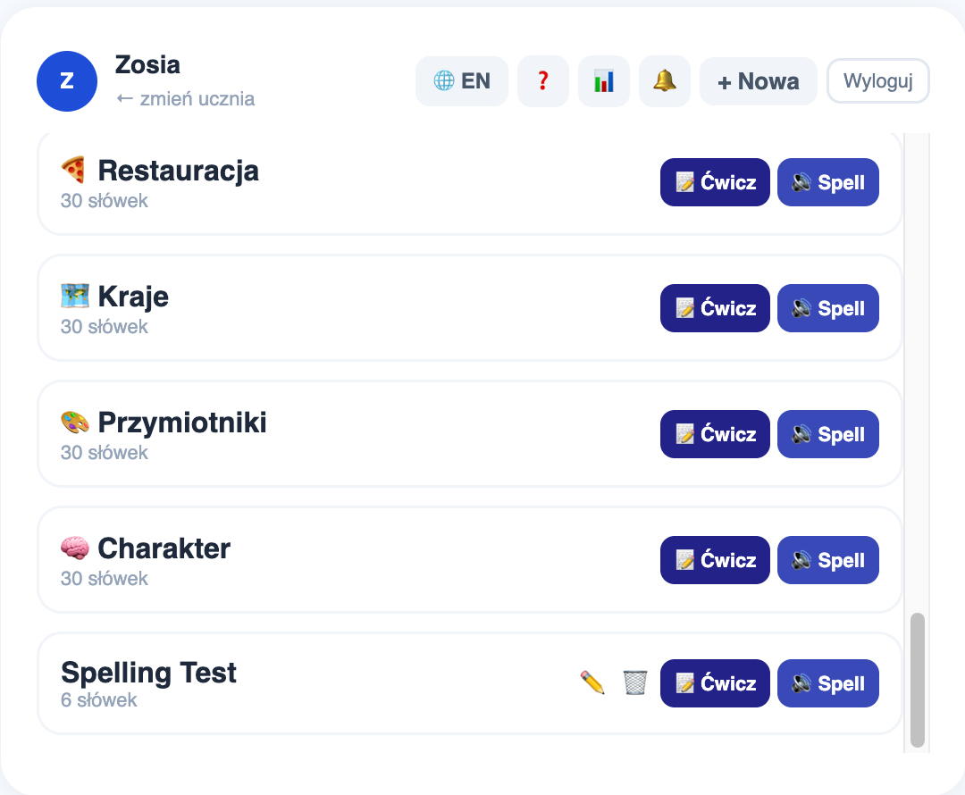 Lista własnych zestawów słówek do nauki w aplikacji